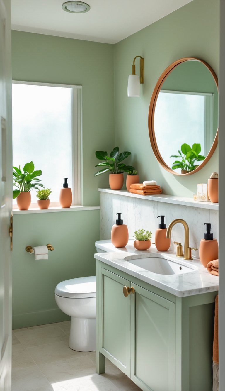 Small bathroom with light green walls, terracotta accessories, white sink, and natural light.