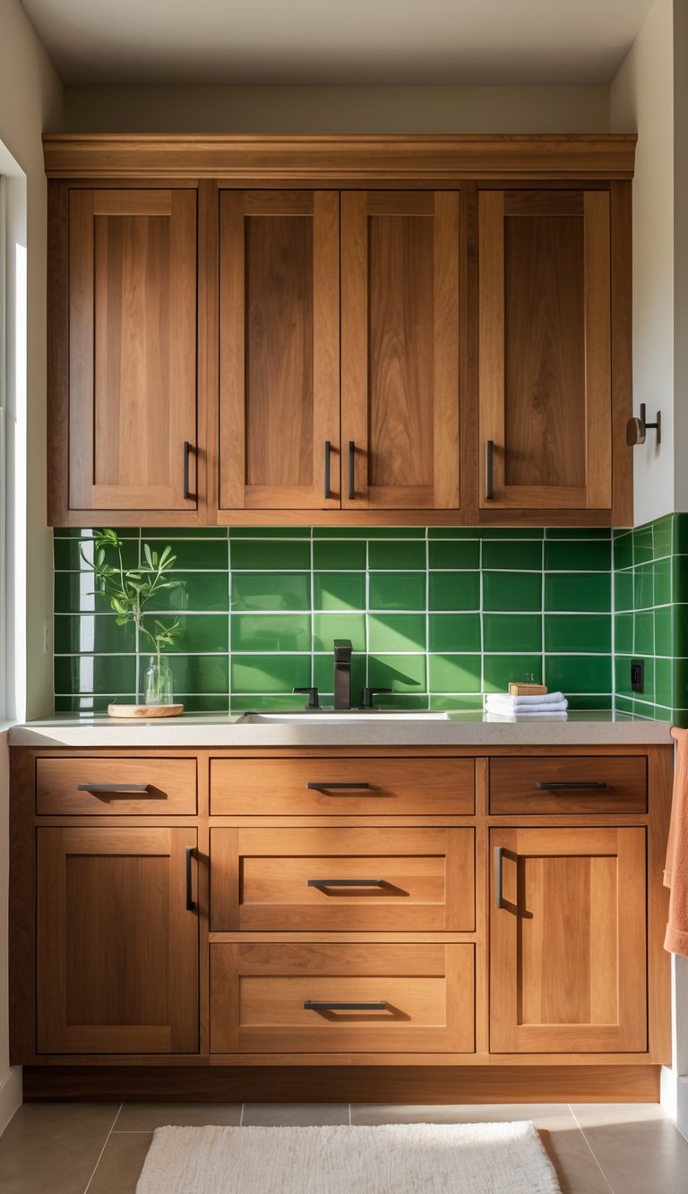 A bathroom with wooden cabinets, green tiled walls, and terracotta accents.