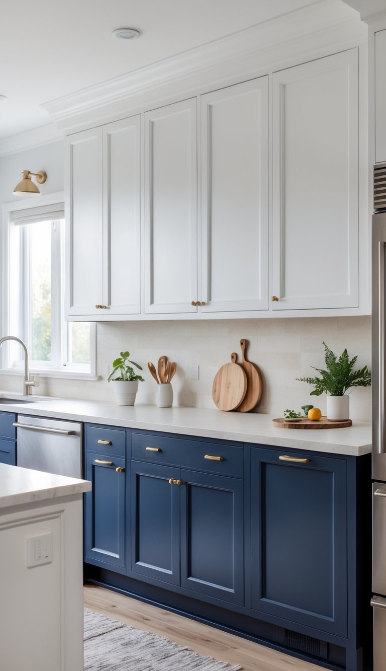 A kitchen with white upper cabinets and navy blue lower cabinets, featuring light countertops and stainless steel appliances.