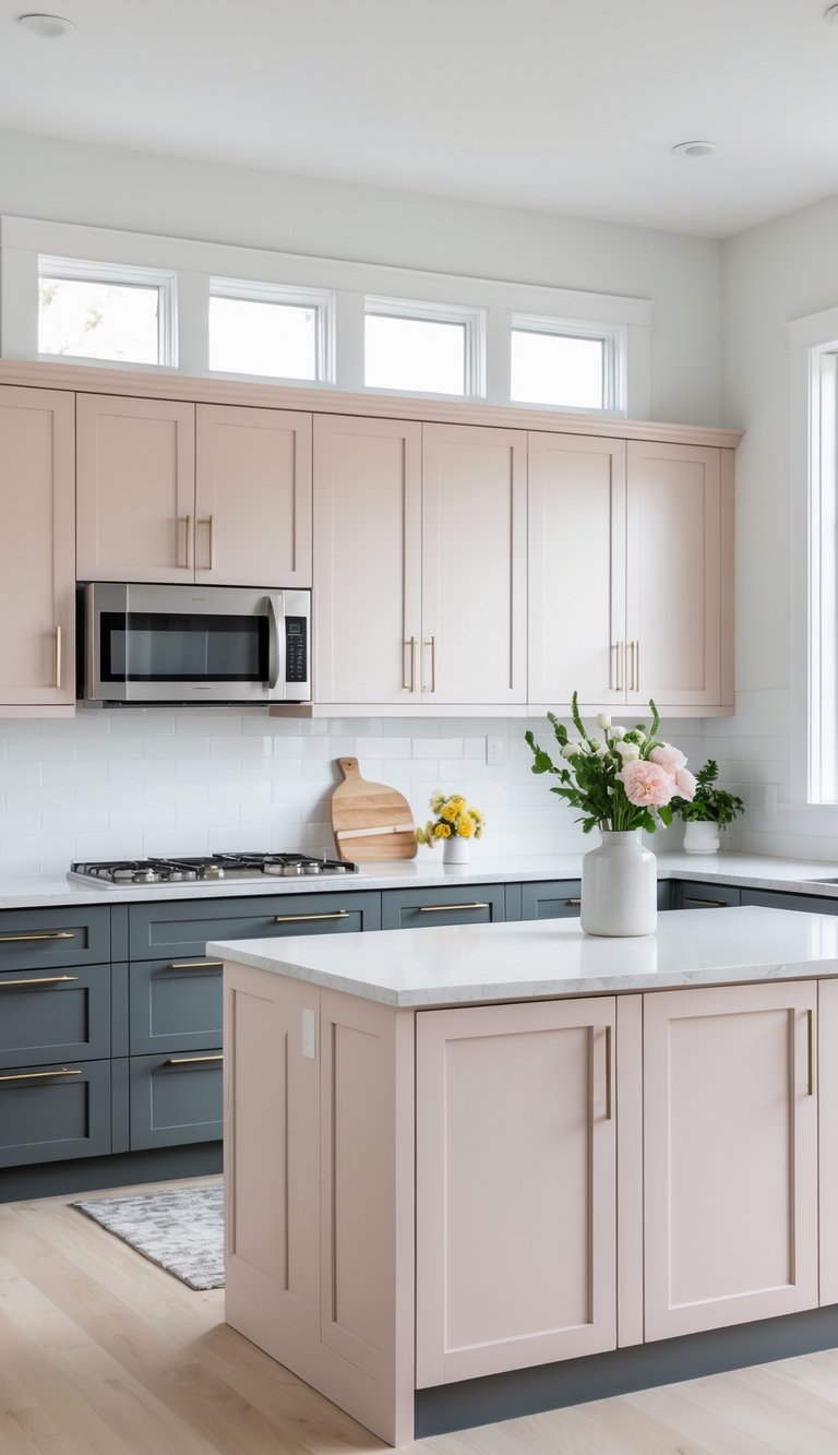 A bright kitchen with two-tone cabinets, charcoal gray on the bottom and pale blush on the top, featuring a kitchen island, stainless steel appliances, and natural light from large windows.
