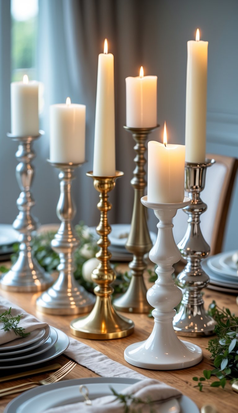 Dining table with a variety of metal and ceramic candlesticks holding lit candles arranged together.