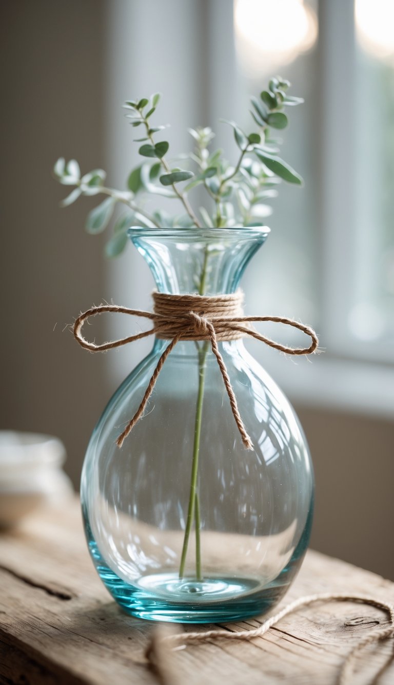 Clear glass vase wrapped with twine around the neck, placed on a wooden surface with soft natural lighting.