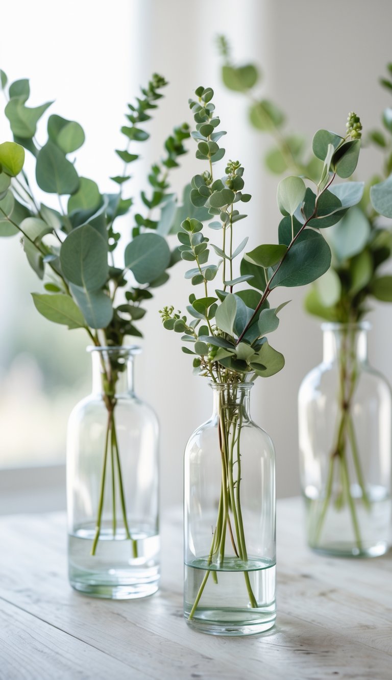 Clear glass vases filled with sprigs of greenery and eucalyptus arranged on a wooden surface.