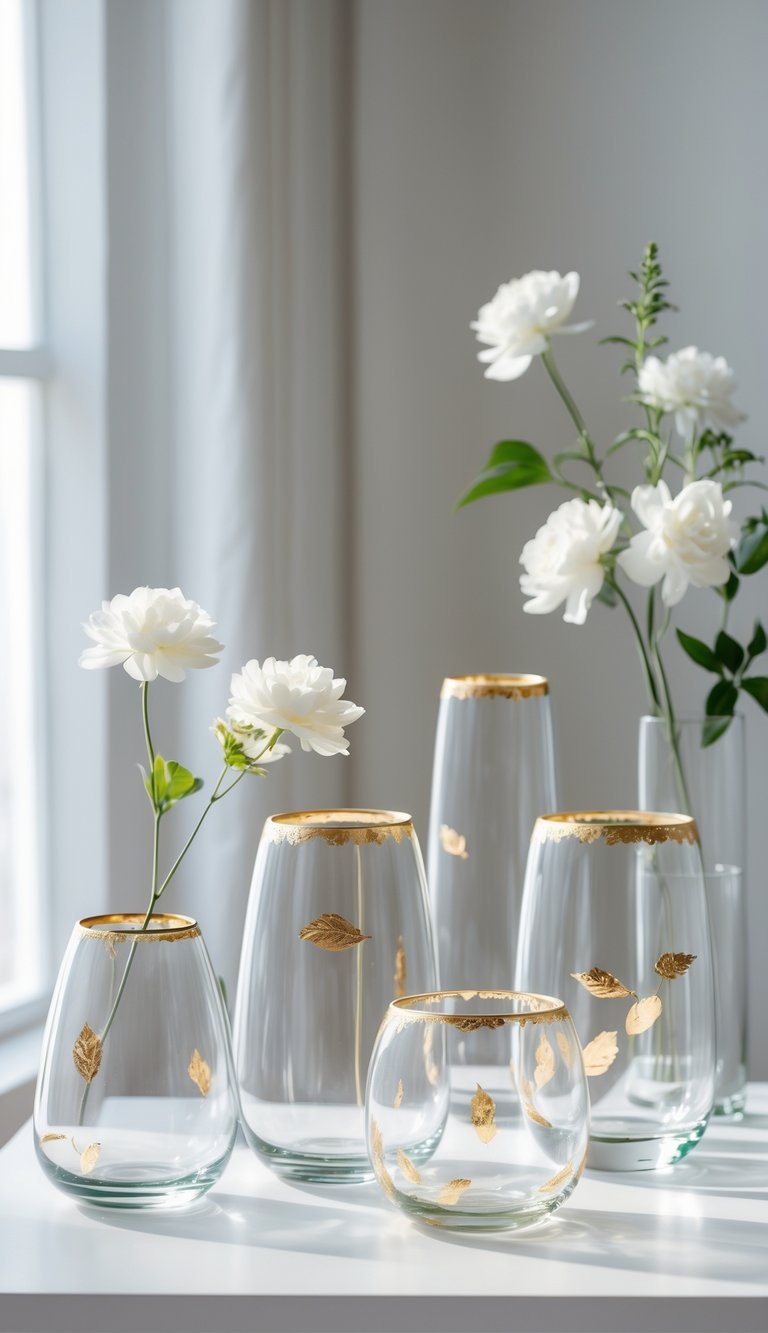 A group of clear glass vases with gold accents arranged on a white surface, some holding simple flowers.