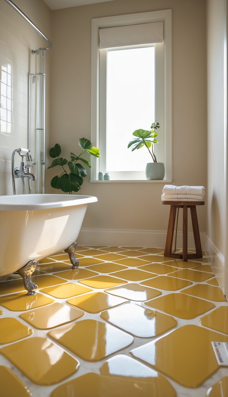 A bathroom floor covered with mustard yellow tiles in a geometric pattern, next to a white bathtub, a wooden stool with a towel, and a small green plant.