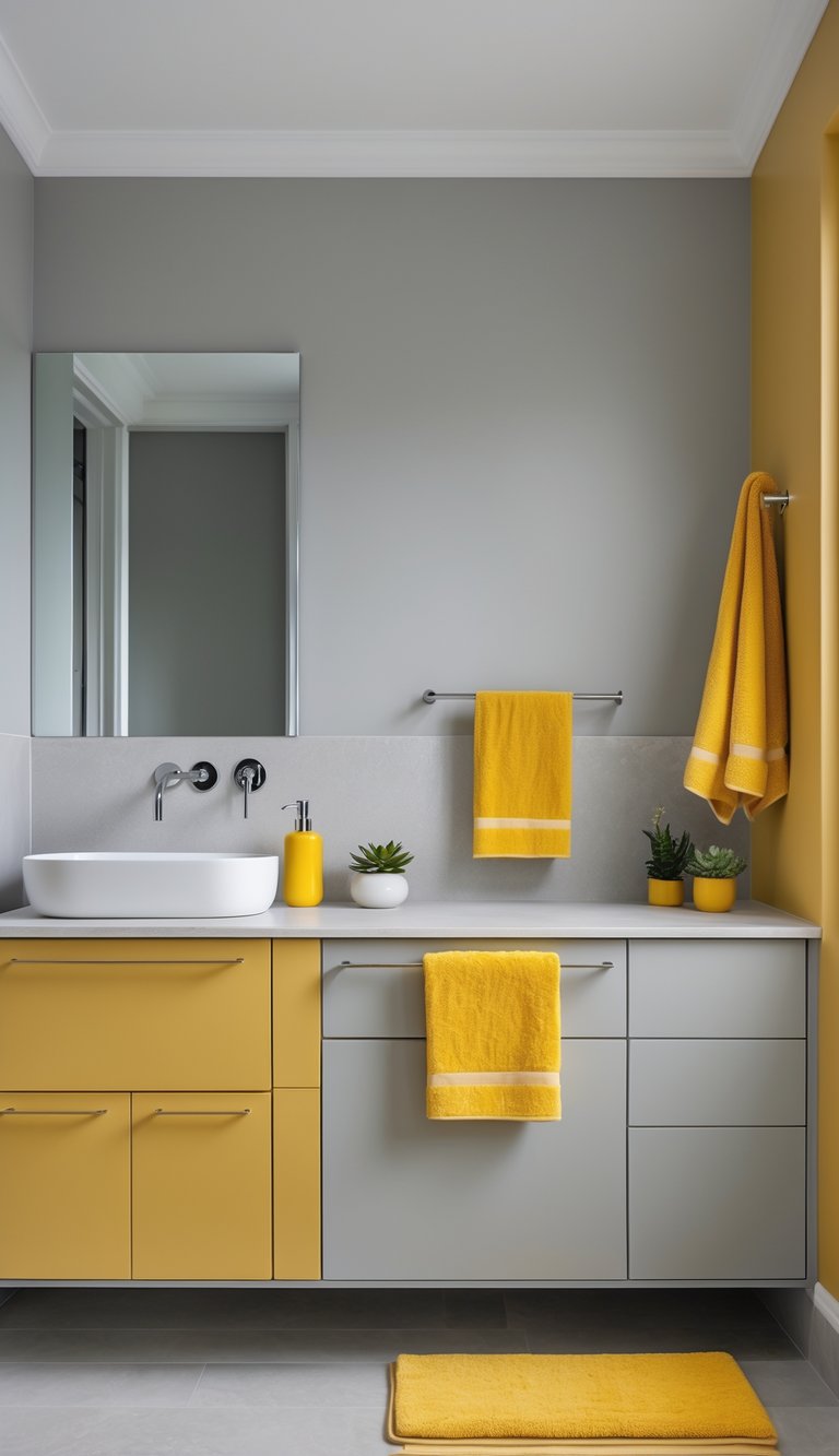 A bathroom with soft grey walls and mustard yellow accents including towels and cabinetry.