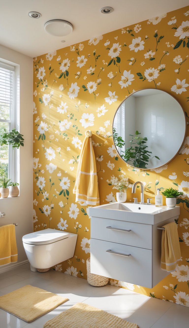 A bathroom with mustard yellow flower-print wallpaper, white sink, round mirror, towels, and small plants.