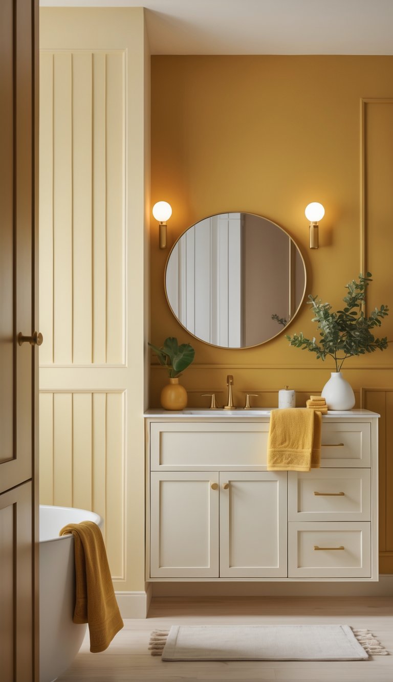A bathroom with buttercream wainscoting and mustard yellow walls, featuring a white vanity, round mirror, and decorative accessories.