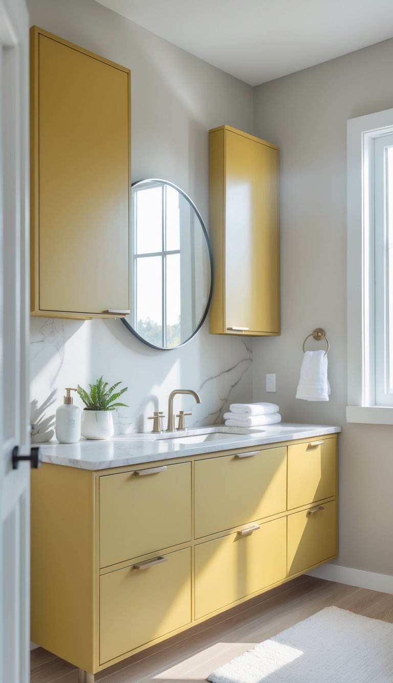 A bathroom with mustard yellow vanity cabinets, a white marble countertop, a round mirror, and natural light coming through a window.