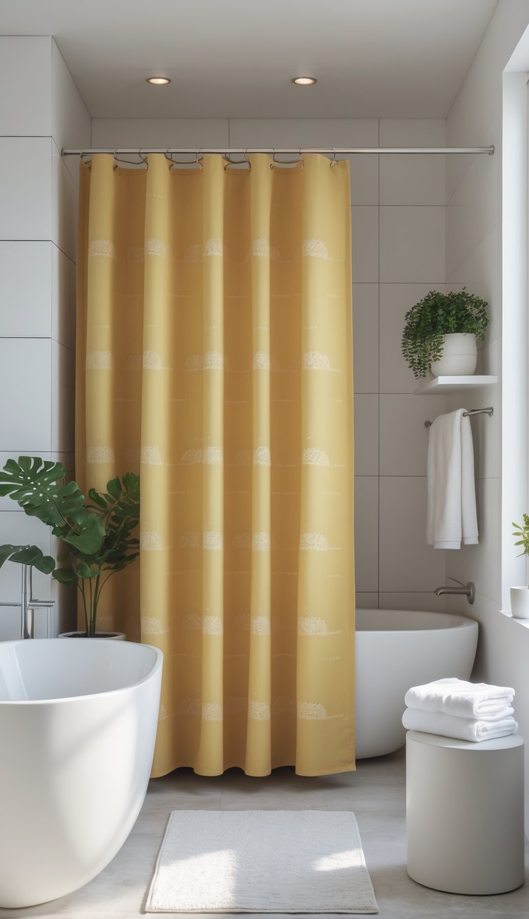 A bathroom with a mustard yellow shower curtain with subtle patterns, a bathtub, white tiles, a small plant, and folded towels.