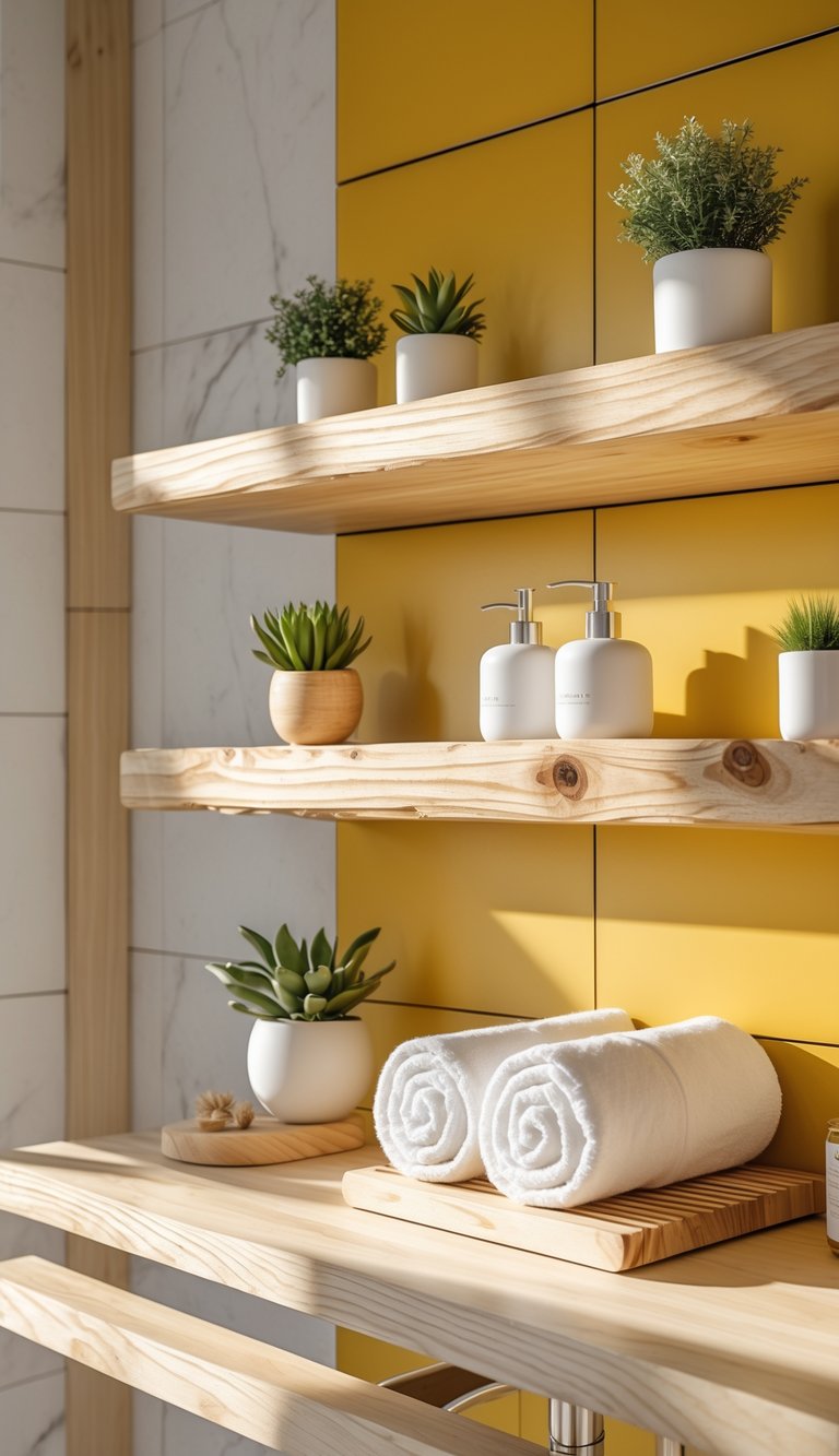 A bathroom with natural wood shelves holding plants and towels, set against bright mustard yellow walls.