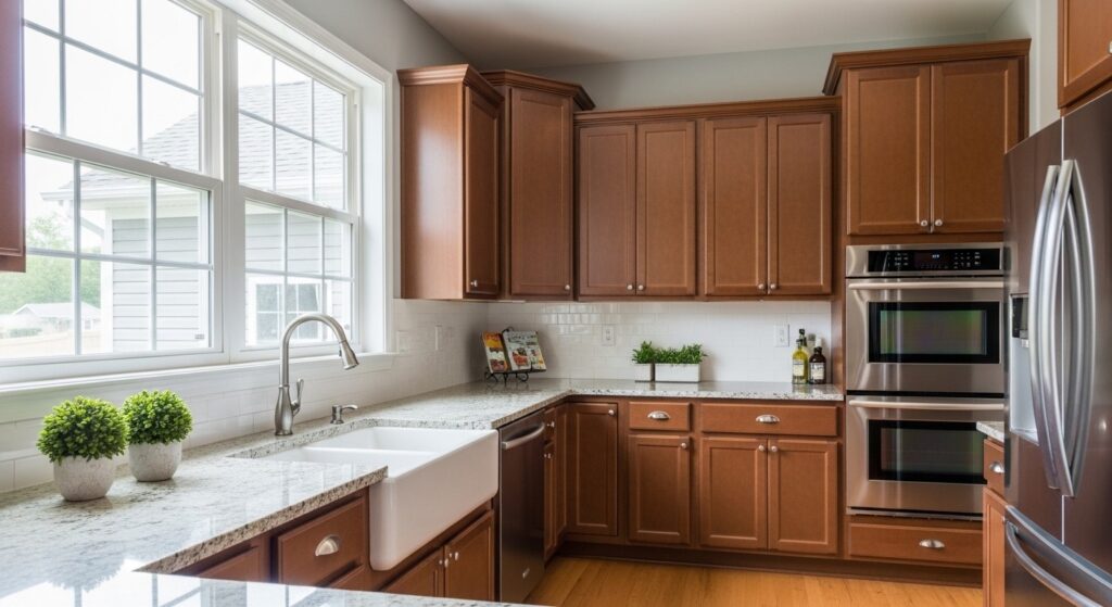 A kitchen with brown cabinets and pale gray walls, featuring a light countertop and natural light coming through windows.
