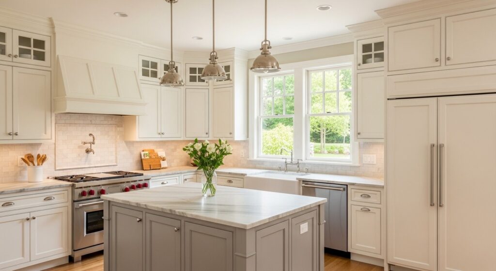 Bright kitchen with creamy off-white cabinets, light countertops, stainless steel appliances, and natural light coming through large windows.