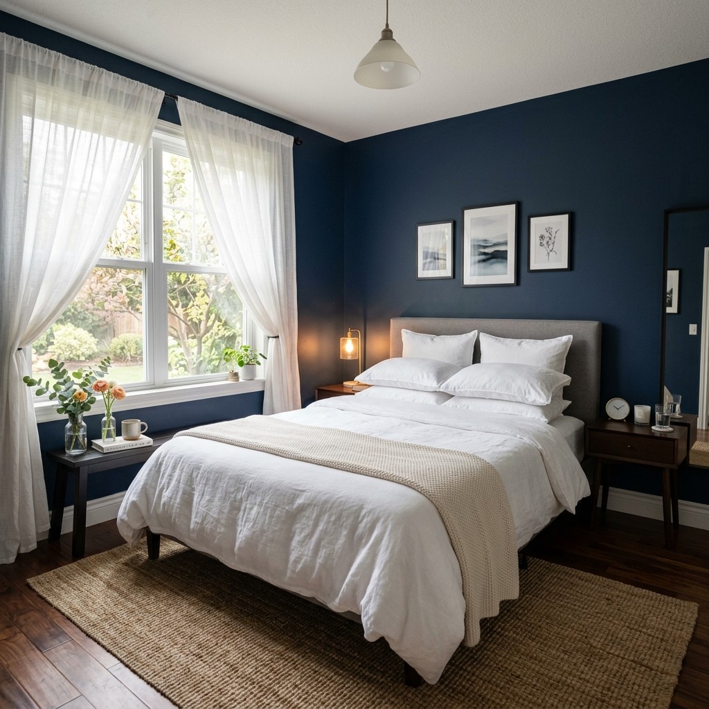 A bedroom with deep navy blue walls, a neatly made bed with white linens, soft lighting, and sheer curtains letting in natural light.