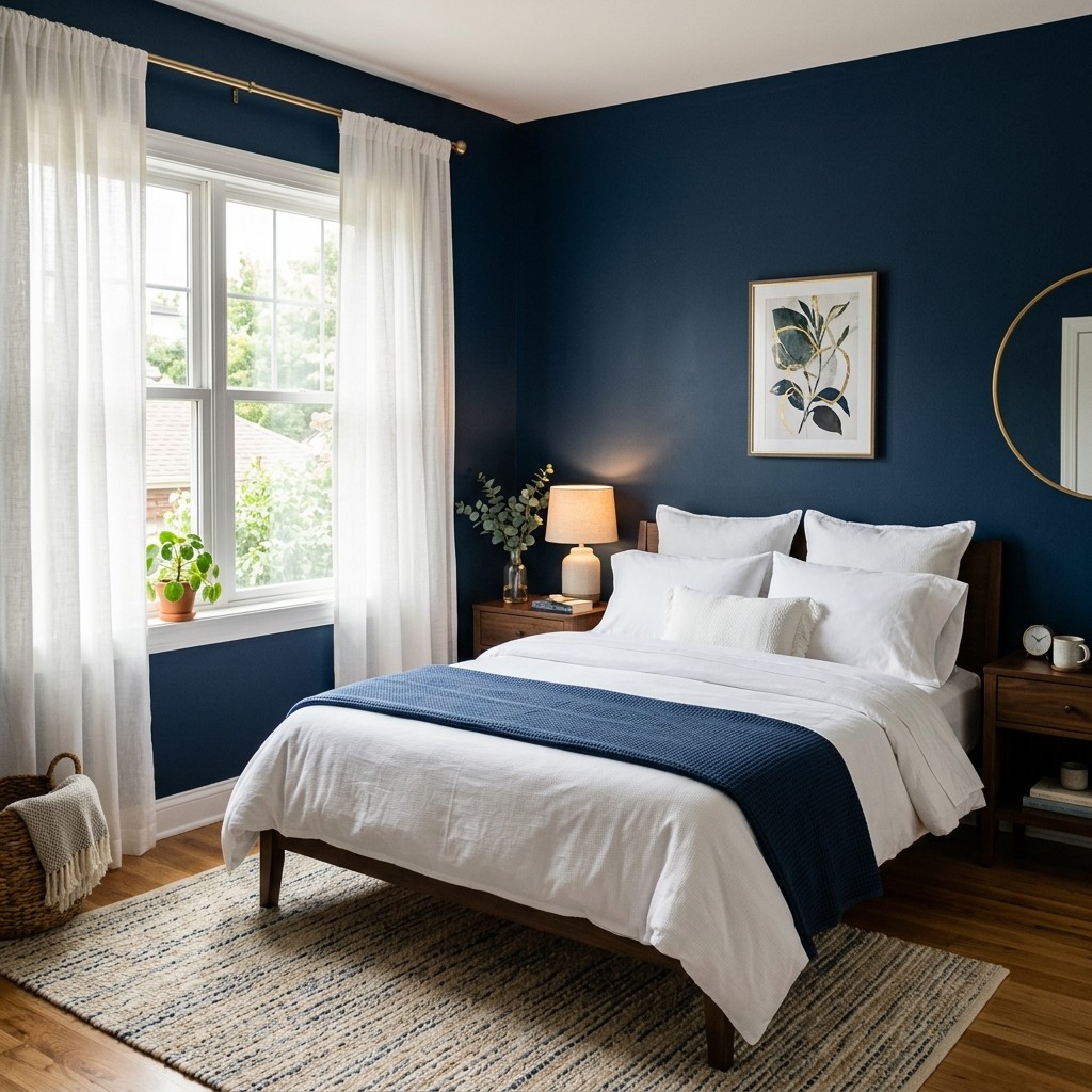 A bedroom with deep navy blue walls, a neatly made bed with white linens, soft lighting, and sheer curtains letting in natural light.