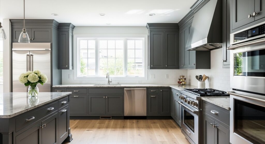 A modern kitchen with charcoal gray painted cabinets, light countertops, stainless steel appliances, and natural light coming through large windows.