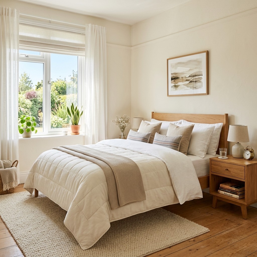 A bright bedroom with creamy off-white walls, a neatly made bed, a wooden nightstand, and natural light coming through a window.