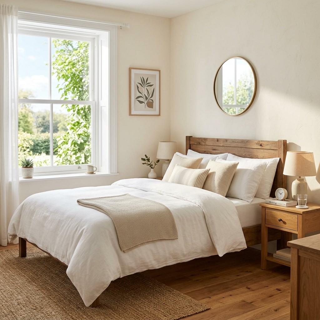 A bright bedroom with creamy off-white walls, a neatly made bed, a wooden nightstand, and natural light coming through a window.
