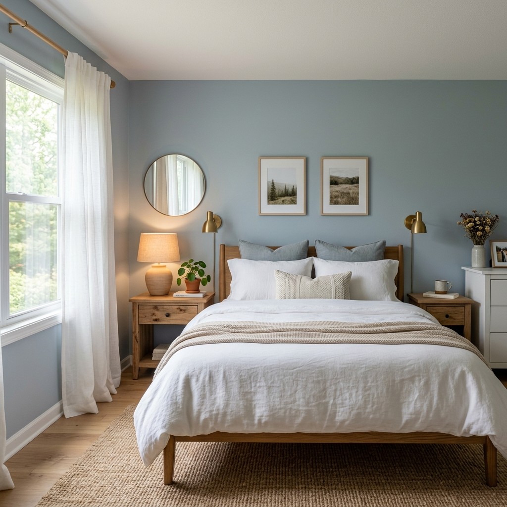 A calm bedroom painted in soft blue-gray with a neatly made bed, wooden nightstands, warm lamps, and natural light coming through sheer curtains.
