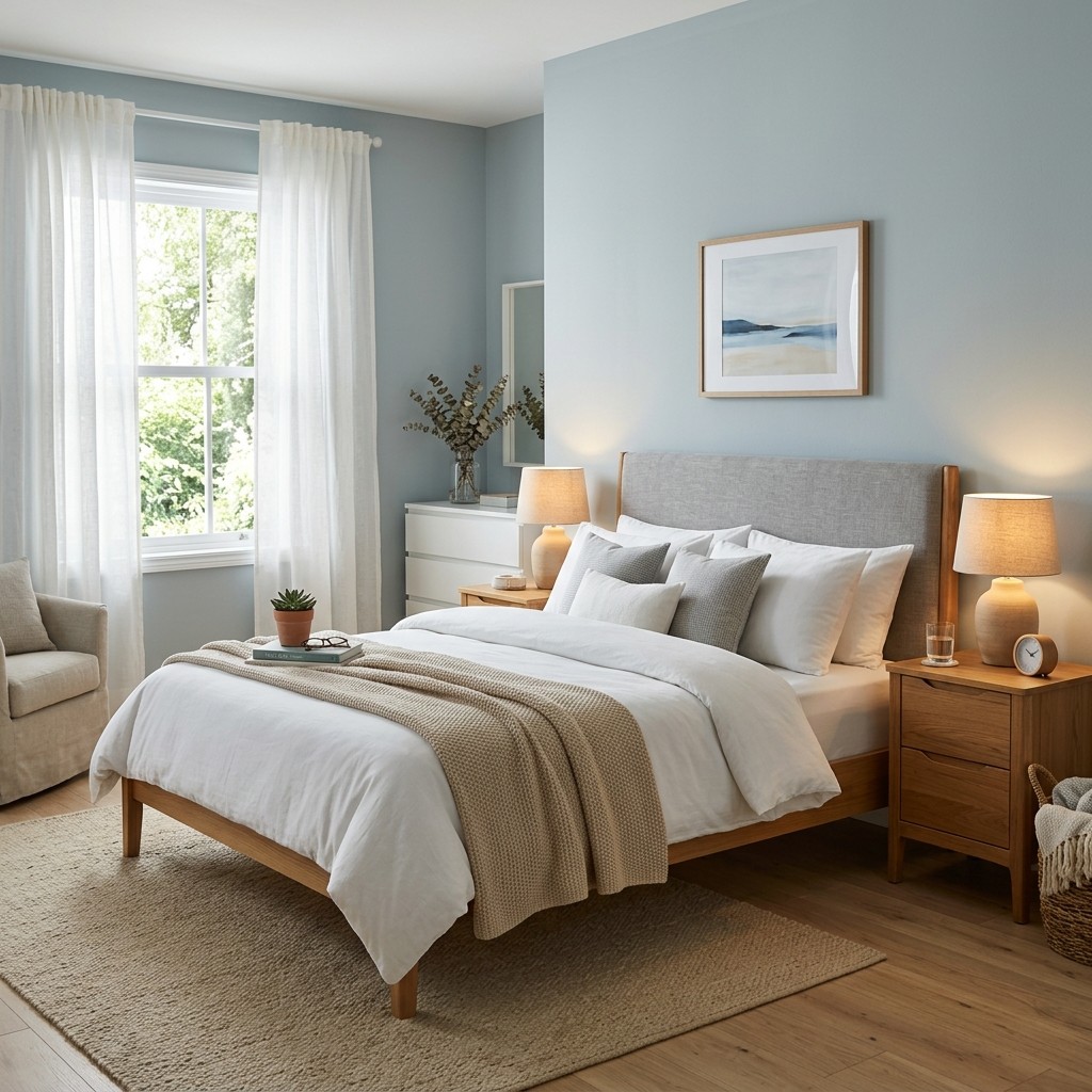 A calm bedroom painted in soft blue-gray with a neatly made bed, wooden nightstands, warm lamps, and natural light coming through sheer curtains.