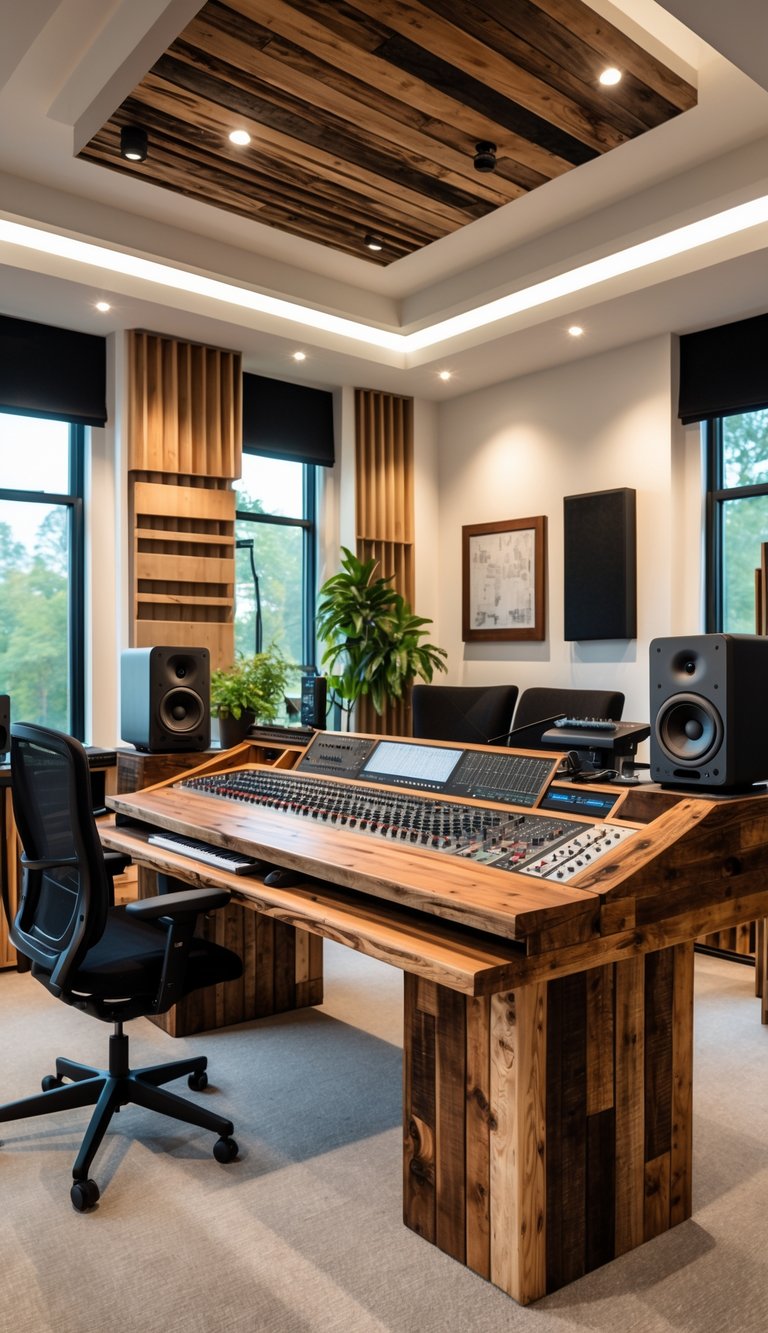A music studio room with a reclaimed wood recording desk, audio equipment, and natural light coming through large windows.