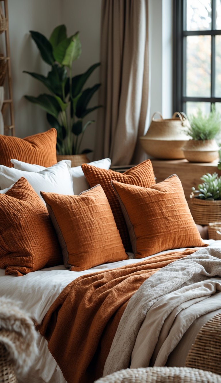 A bedroom with a bed and seating area decorated with burnt orange cushions and throws, surrounded by wooden furniture and plants.