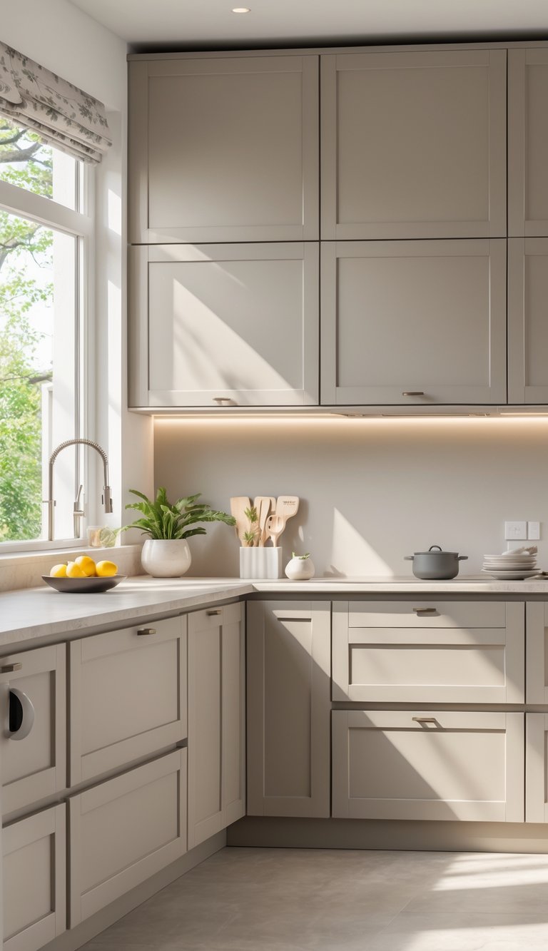 A modern kitchen with soft greige painted cabinets, light countertops, natural light, and simple decorative items.