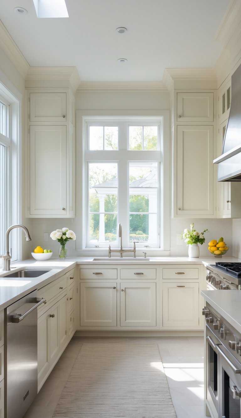 Bright kitchen with creamy off-white cabinets, light countertops, stainless steel appliances, and natural light coming through large windows.