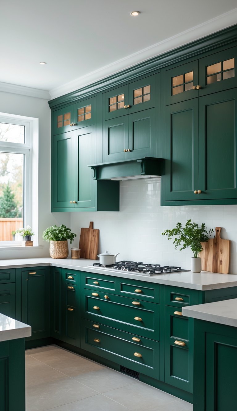A modern kitchen with dark green painted cabinets, natural light, and plants on the countertop.