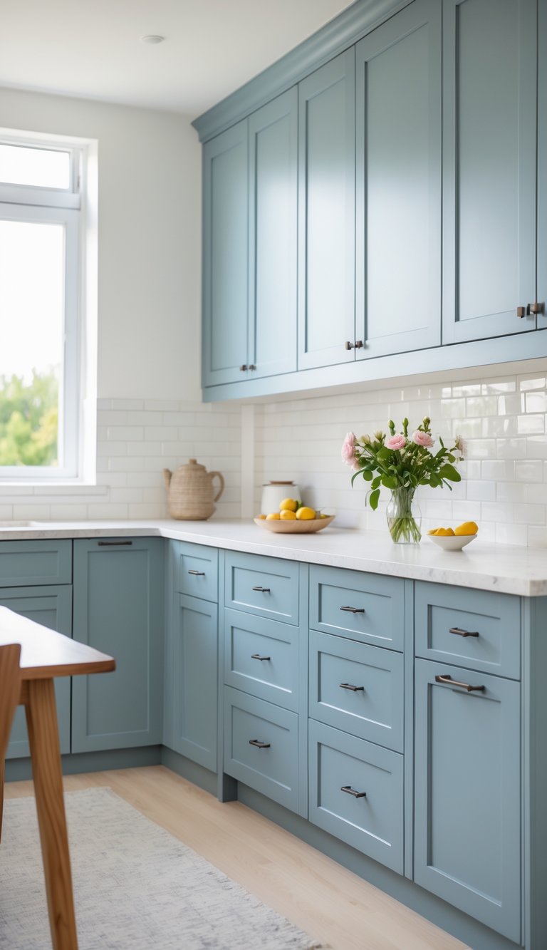 A bright kitchen with dusty blue painted cabinets, light countertops, a wooden dining table, and natural light coming through large windows.