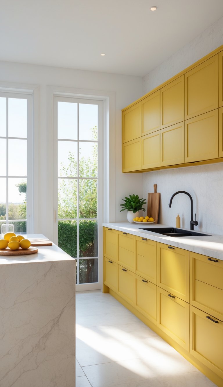 A bright kitchen with warm mustard yellow painted cabinets, white countertops, and natural light coming through large windows.