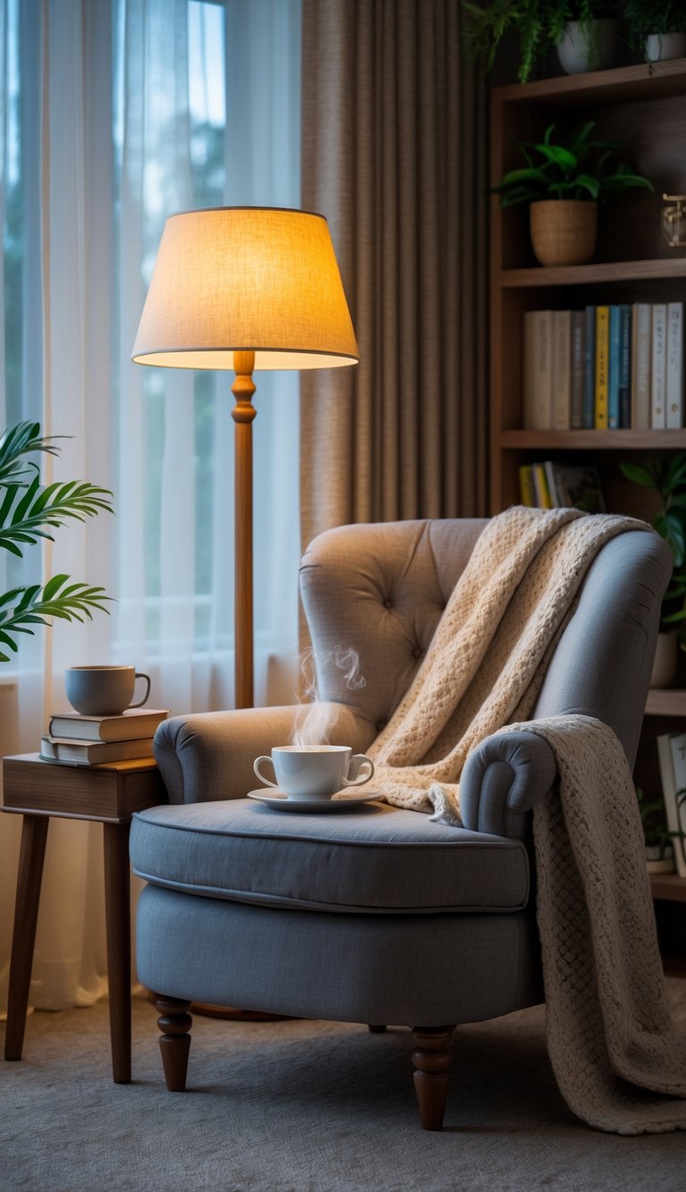 A cozy reading nook with a comfortable armchair, soft lighting, a side table with books and a cup, and a bookshelf in the background.