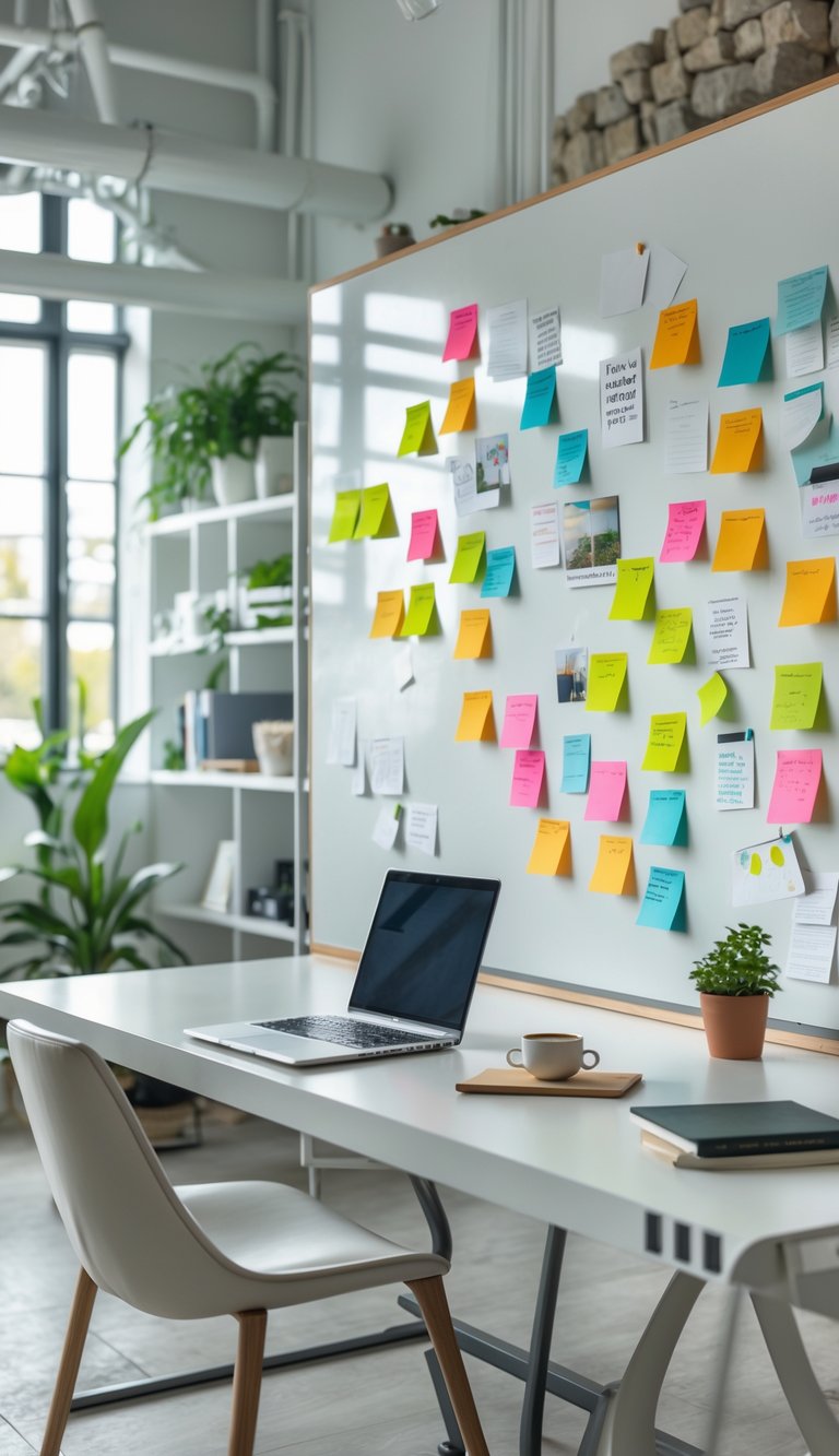A modern workspace with a large whiteboard or corkboard wall covered in notes and pinned images, a desk with a laptop and office supplies, and natural light coming through windows.