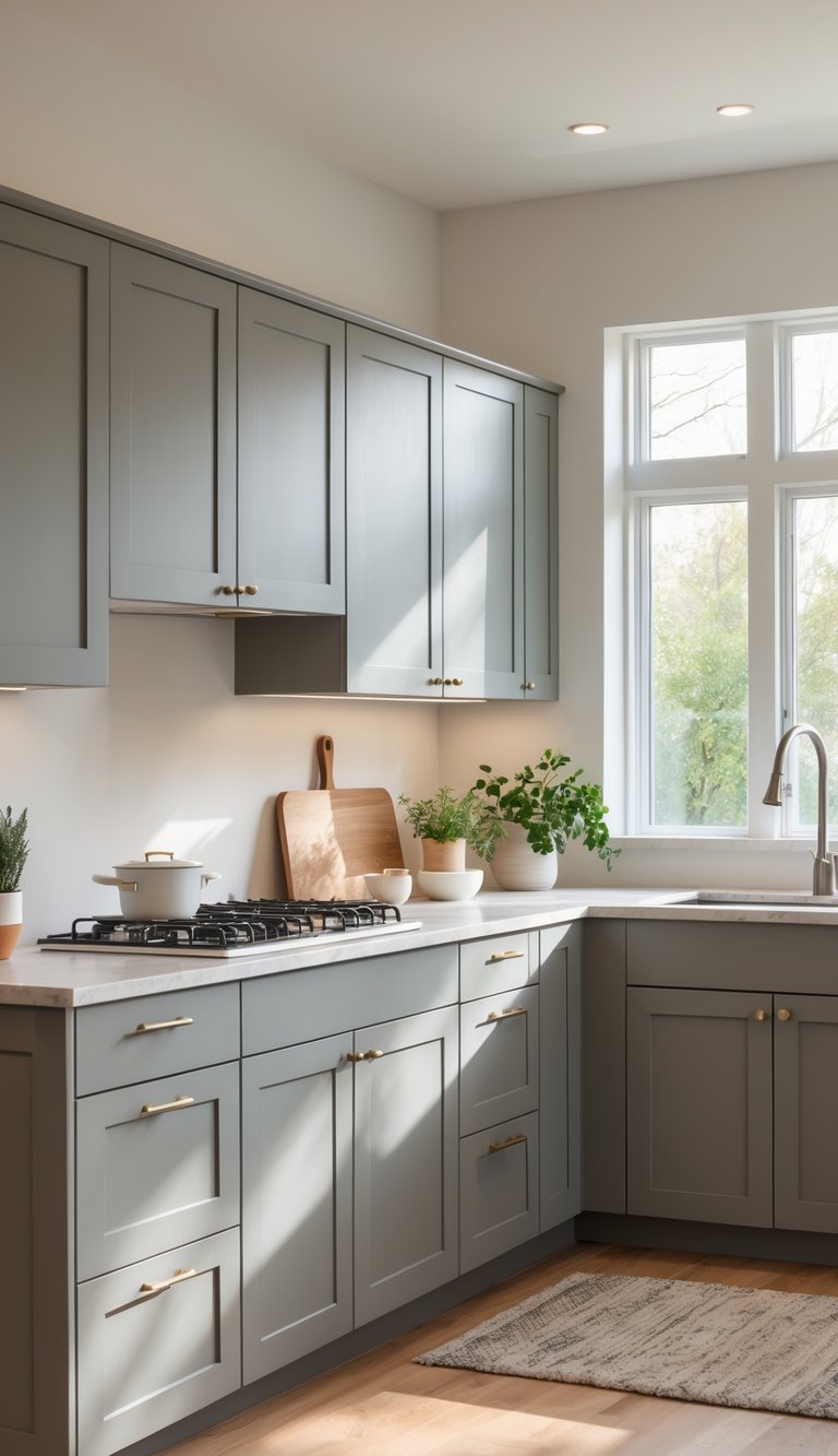 A modern kitchen with medium gray cabinets, light countertops, wooden flooring, and potted plants.