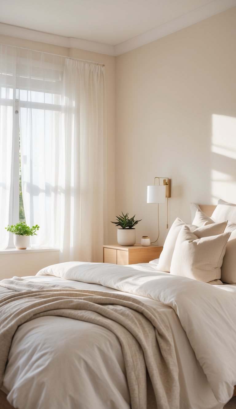 A bright bedroom with creamy off-white walls, a neatly made bed, a wooden nightstand, and natural light coming through a window.