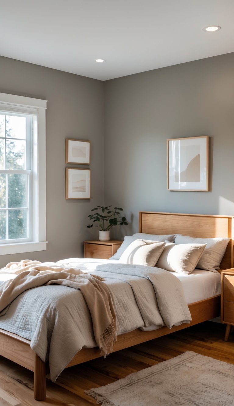 A bedroom with greige walls and warm wooden furniture, including a bed and nightstands, softly lit by natural light.