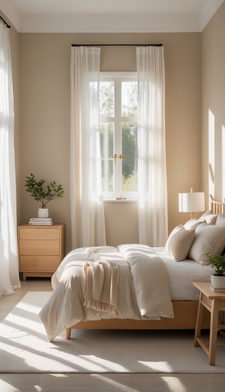 A bedroom with soft beige walls, a bed with light linens, wooden furniture, and natural sunlight coming through sheer curtains.