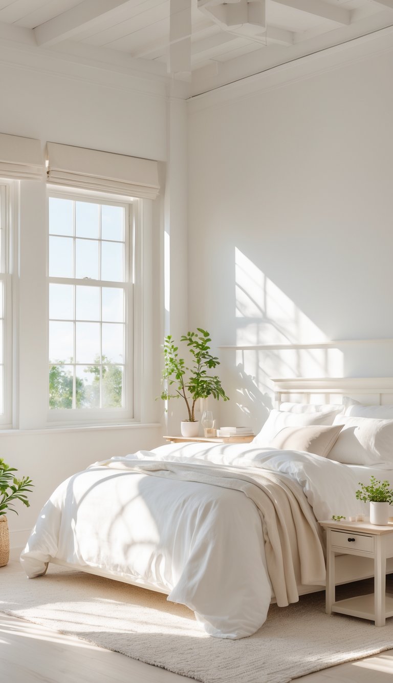 A bright bedroom with white walls, a neatly made bed, wooden furniture, and sunlight coming through large windows.