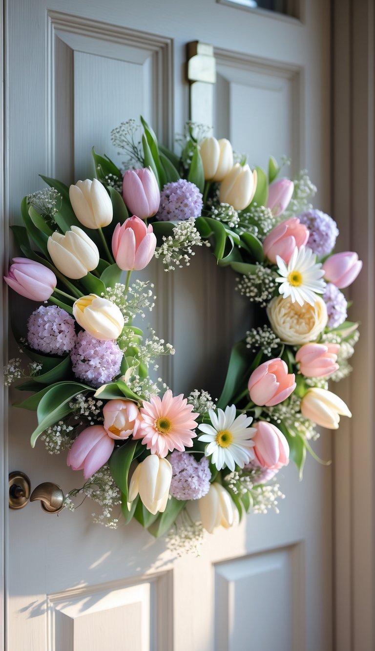 A pastel floral wreath with tulips and daisies hanging on a light wooden door.