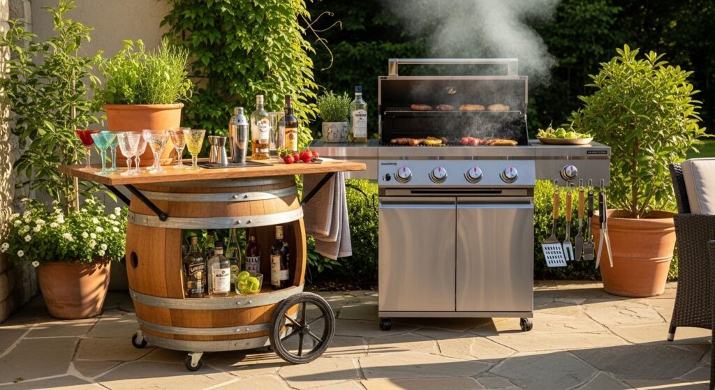 An outdoor kitchen scene with a recycled wine barrel bar cart next to a stainless steel grill on a sunny patio.