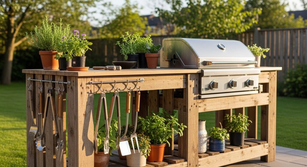 An outdoor kitchen island made from pallet wood with a grill, utensils, and plants in a backyard setting.