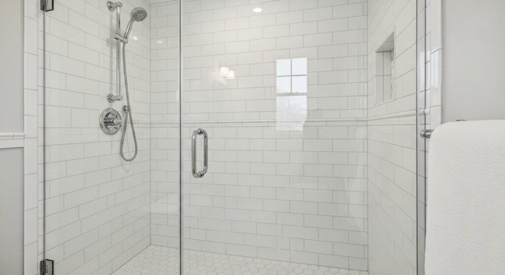 A bright bathroom shower with white subway tiles, a chrome showerhead, and a glass door.
