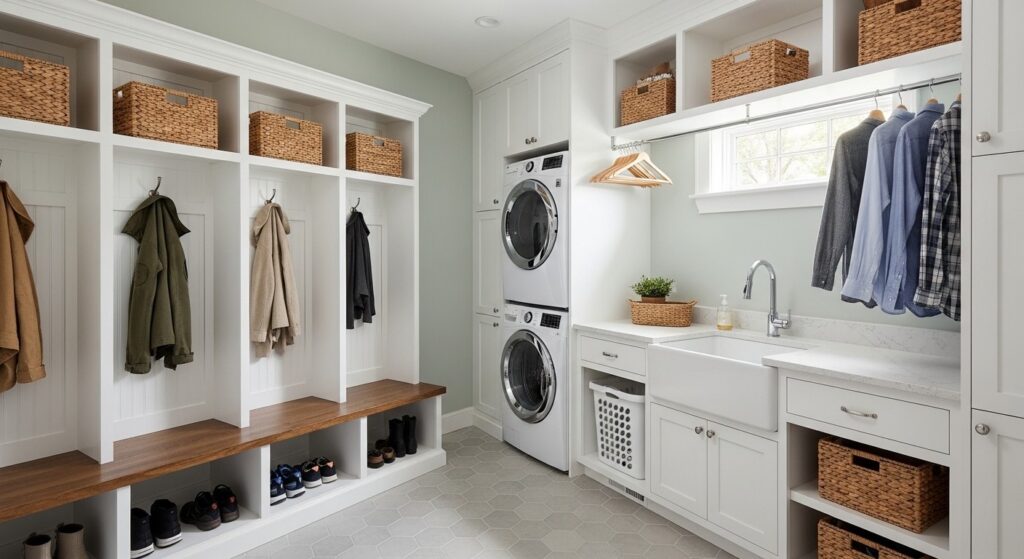 A clean mud room and laundry room combo with built-in cubbies holding baskets, coats, shoes, and laundry items.