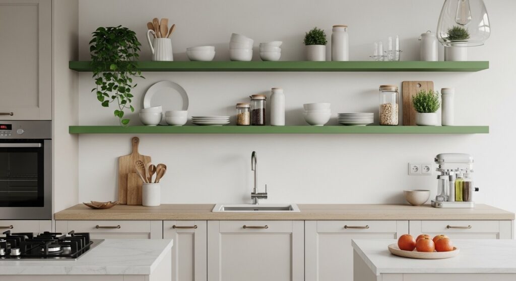 A bright kitchen with jade green open shelves holding kitchenware and plants, surrounded by neutral cabinets and countertops.