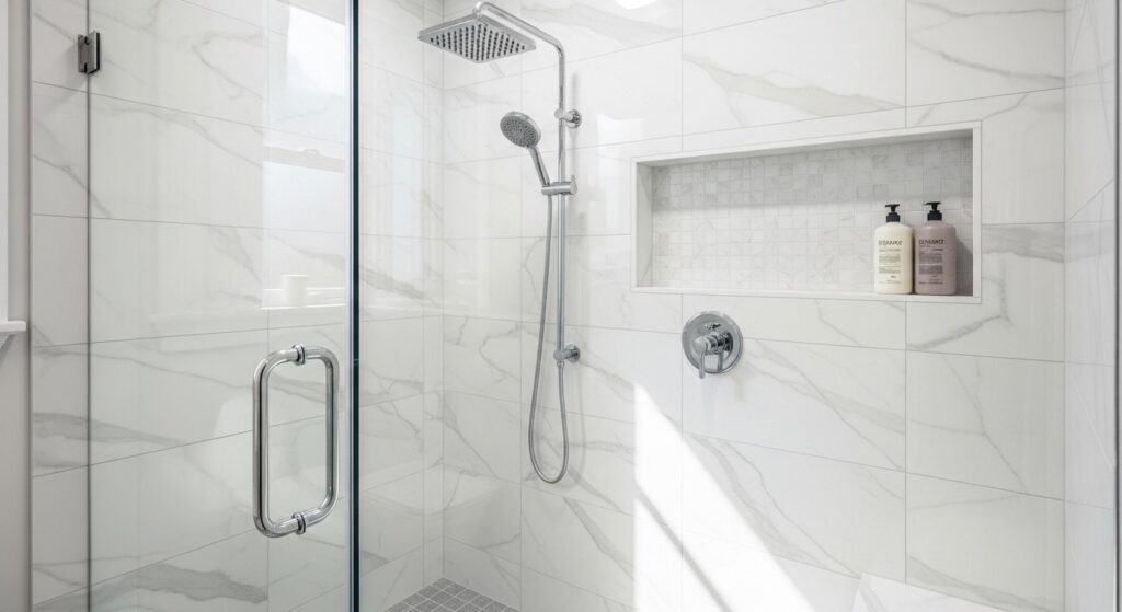 A modern bathroom shower with white and gray marble-look tiles, chrome fixtures, and a glass door.