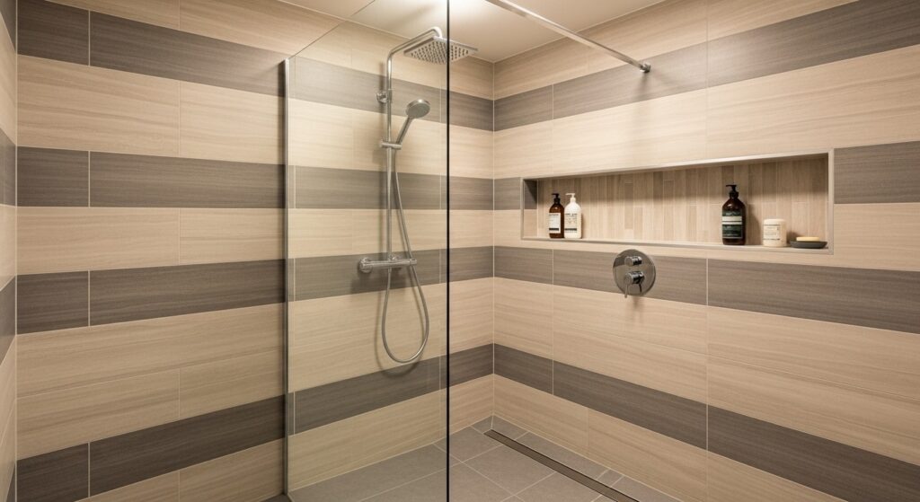 A bathroom shower area with beige and gray tiles, glass door, and chrome fixtures.