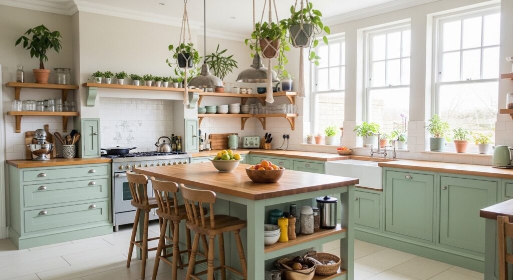 A bright kitchen with soft green cabinets, natural wood accents, and potted plants.