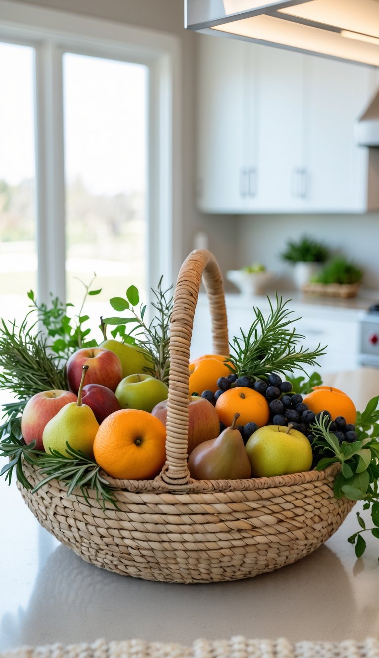 A handwoven basket on a kitchen island filled with seasonal fruits and fresh herbs.