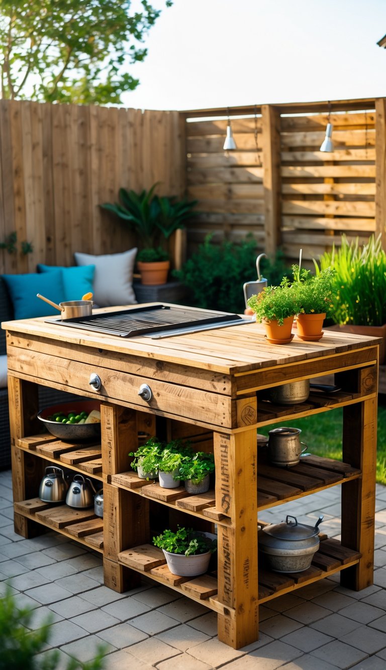 An outdoor kitchen island made from pallet wood with a grill, utensils, and plants in a backyard setting.