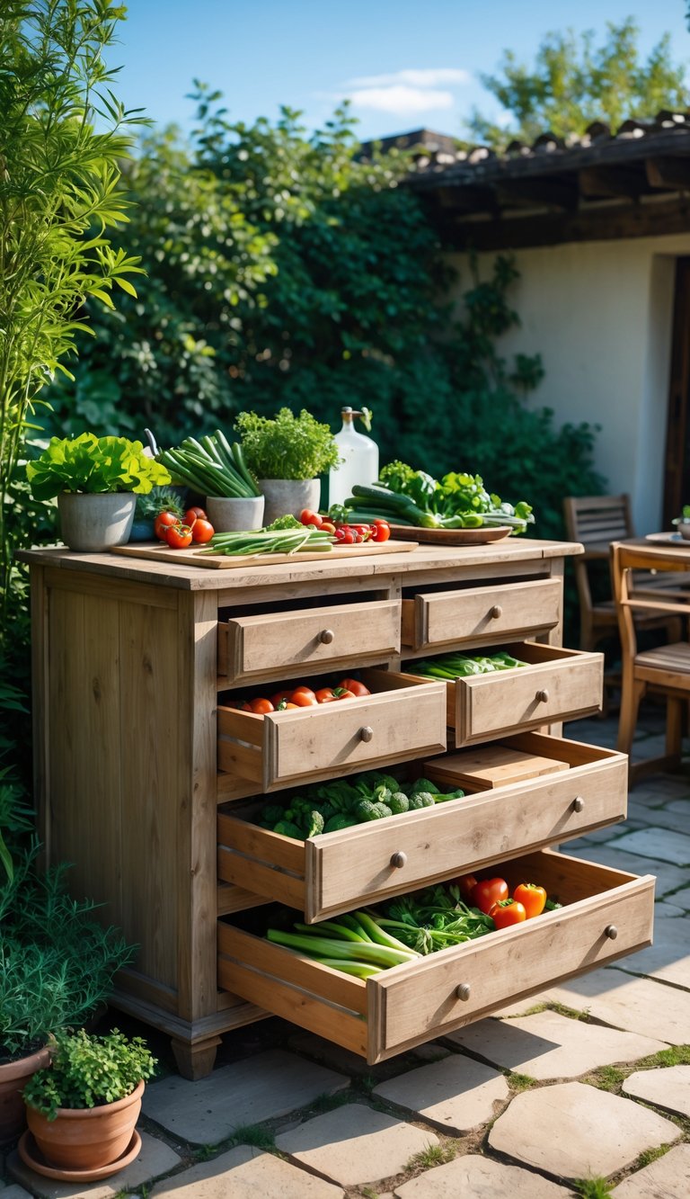 An old wooden dresser used outdoors as a food prep and storage area with vegetables and kitchen tools on top, set on a stone patio surrounded by plants.